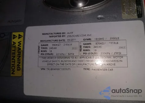 2012 Audi Tt 2.0T Premium Plus z USA, uszkodzony, nr VIN TRUBFAFK8C1007675